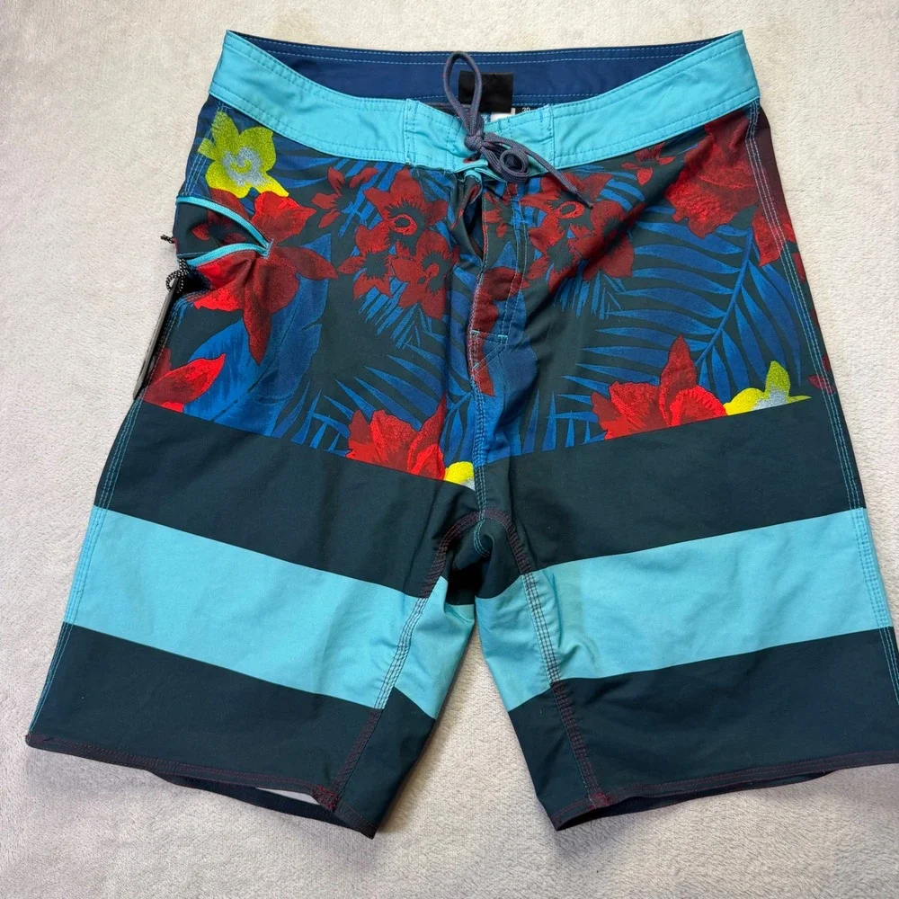 Burnside Mens Tropical Floral Striped Board Shorts Teal Blue Red Size 30 Surf